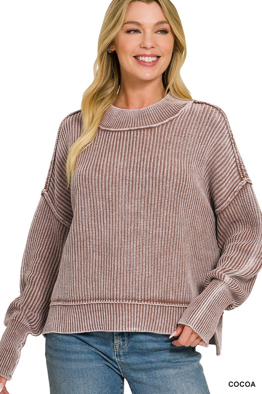 Washed Oversized Cropped Sweater-Cocoa