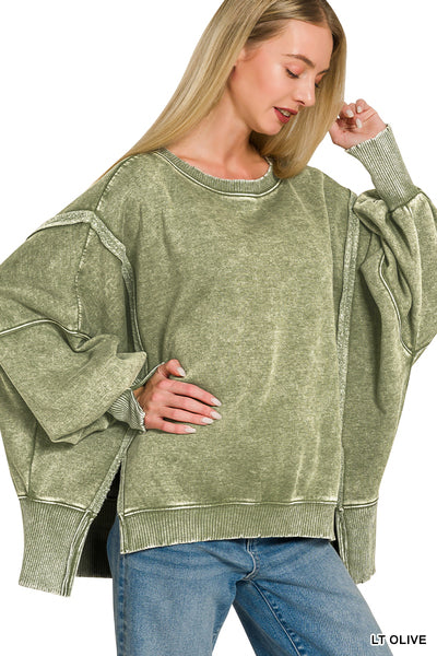 Acid Wash Oversized Hi-Low Hem-Light Olive
