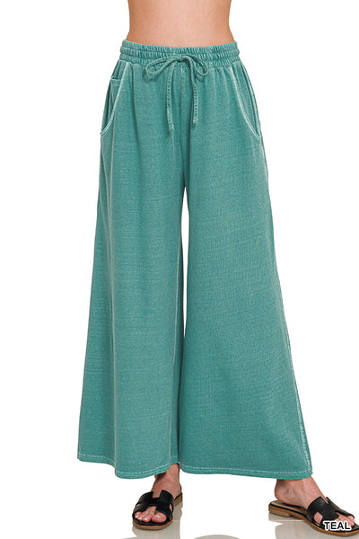 Wide Leg Terry Wash Pants-Teal PREORDER
