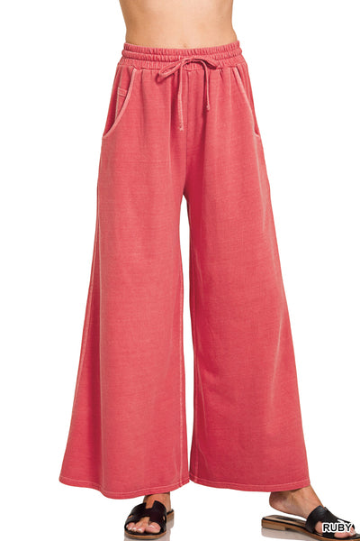 Wide Leg Terry Wash Pants-Ruby PREORDER