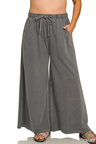 Wide Leg Terry Wash Pants-Black PREORDER
