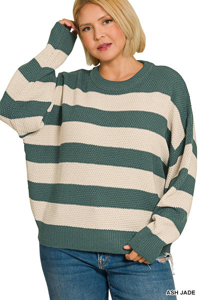 Plus Striped Sweater-Jade