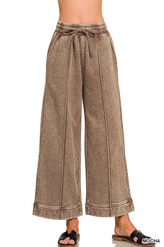 Fleece Pintuck Wide Leg Sweatpant-Mocha