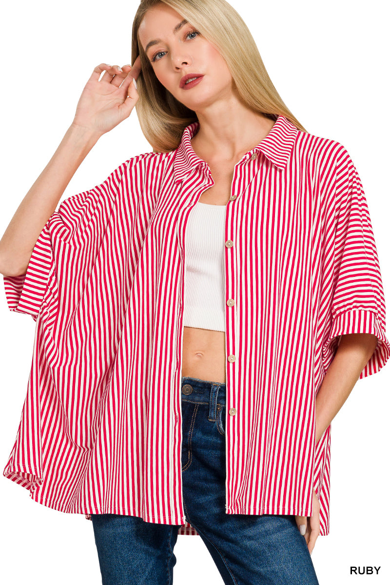 Oversized Striped Button Up- Ruby