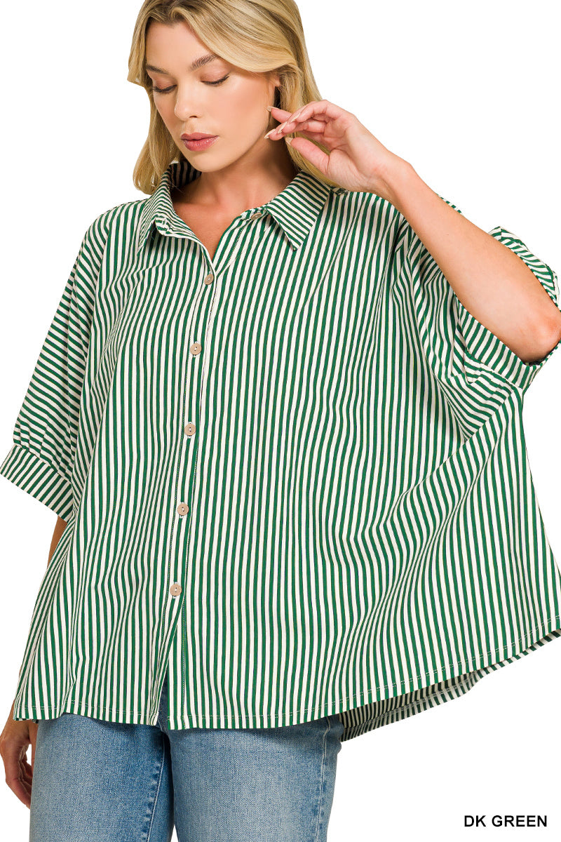Oversized Striped Button Up- dark green