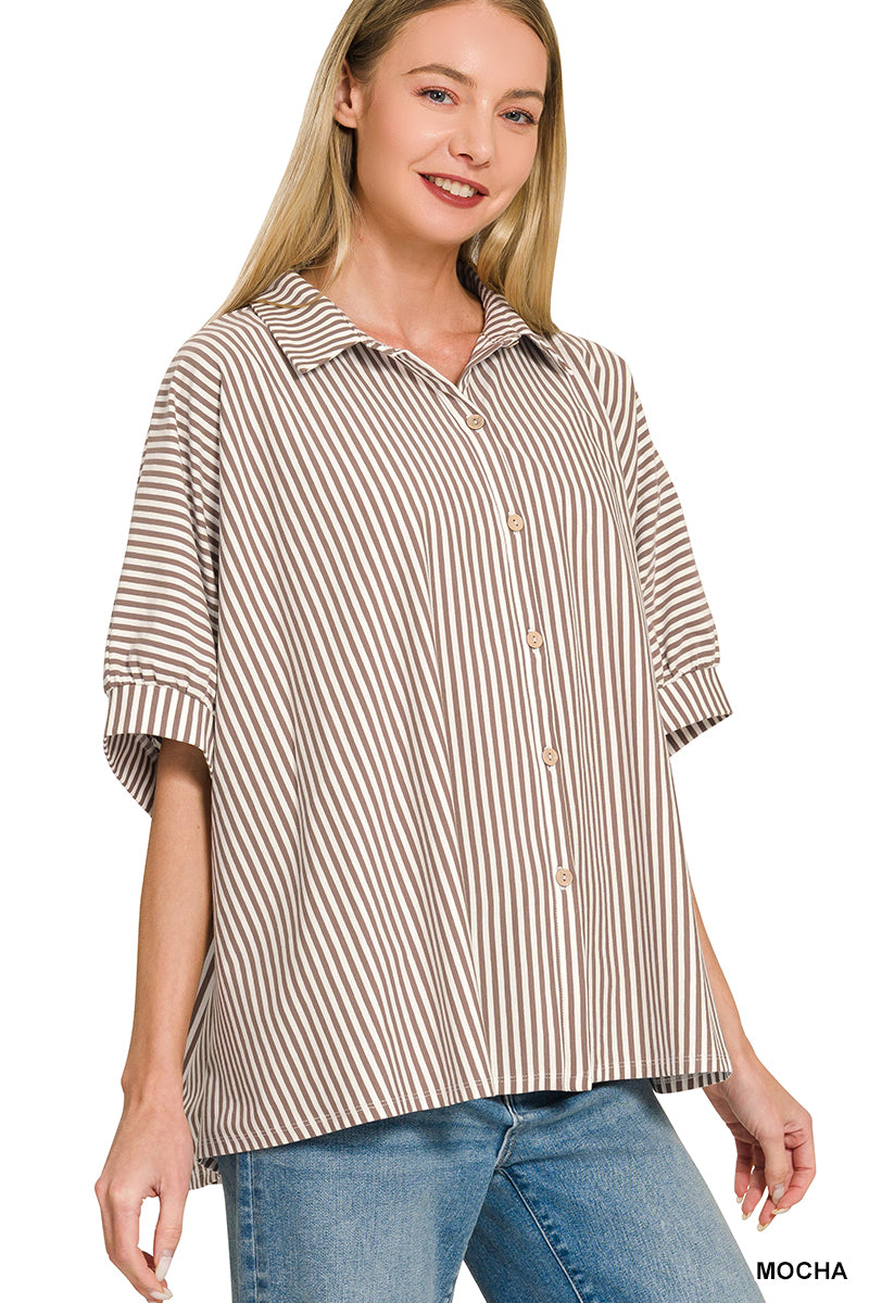 Oversized Striped Button Up-Mocha