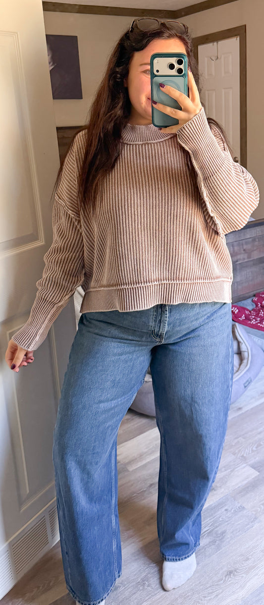 Washed Oversized Cropped Sweater-Cocoa