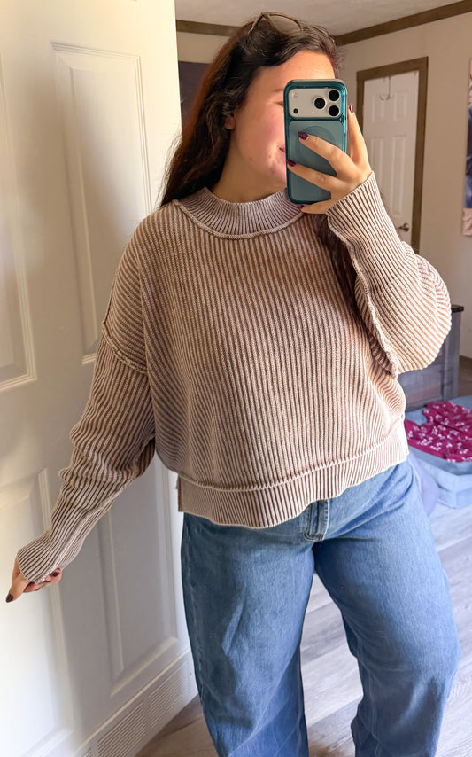 Washed Oversized Cropped Sweater-Cocoa