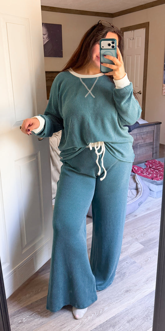 Raised Rib Pant Set- Teal
