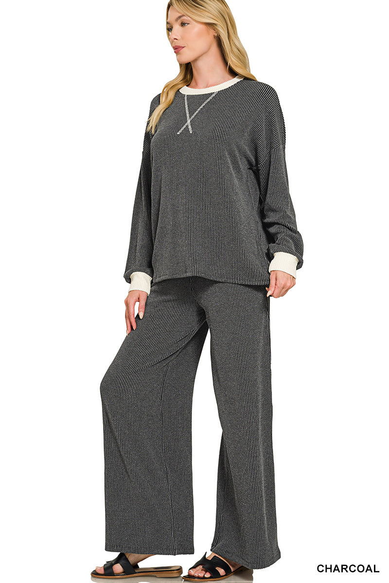 Raised Rib Pant Set- charcoal